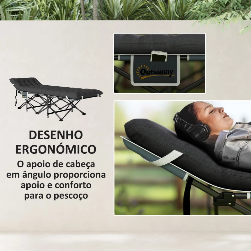 Outsunny Cama Dobrável para Campismo Portátil com Apoio para Cabeça Colchão Amovível e Bolsa de Transporte 196x68x37 cm Preto