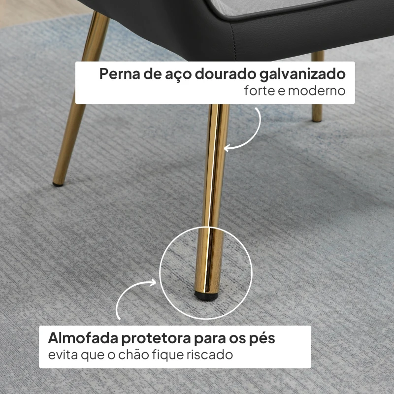 HOMCOM Poltrona de Sala de Estar Estofada em Couro Sintético e Veludo com Apoios para os Braços Pés Dourados 64x62x72,5 cm Cinza