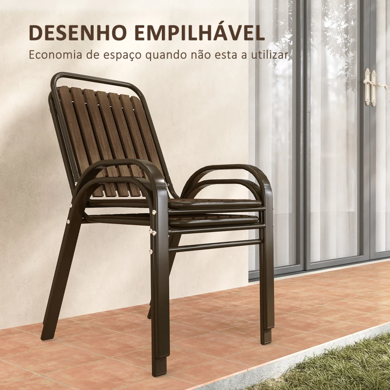 Outsunny Conjunto de Jardim de 3 Peças com 2 Cadeiras Empilháveis Mesa com Bancada de Vidro Temperado Marrom Escuro