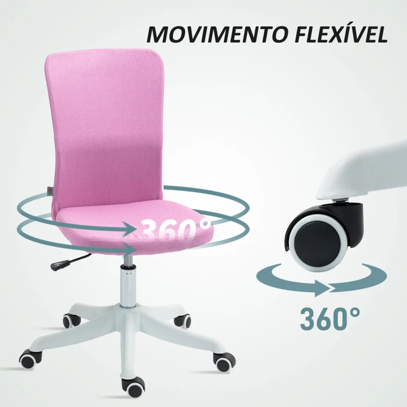 HOMCOM Cadeira de Escritório sem Apoio para os Braços Estofada em Linho Sintético com Altura Ajustável 53x43x85-93 cm Rosa