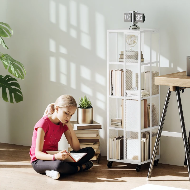 HOMCOM Libreria Moderna a 4 Ripiani in Metallo a Rete con Ruote, 35x35x129 cm, Bianco