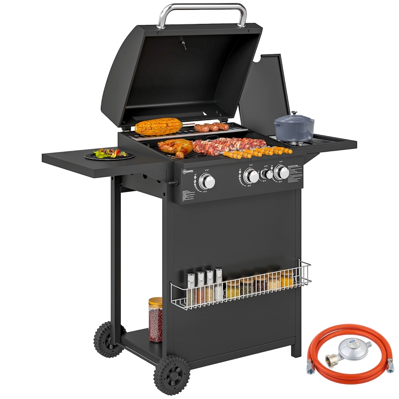 Barbecue A Gas Outsunny 4 Bruciatori - Griglia 1776 Cm&sup2;, Nero Con Ruote E Accessori