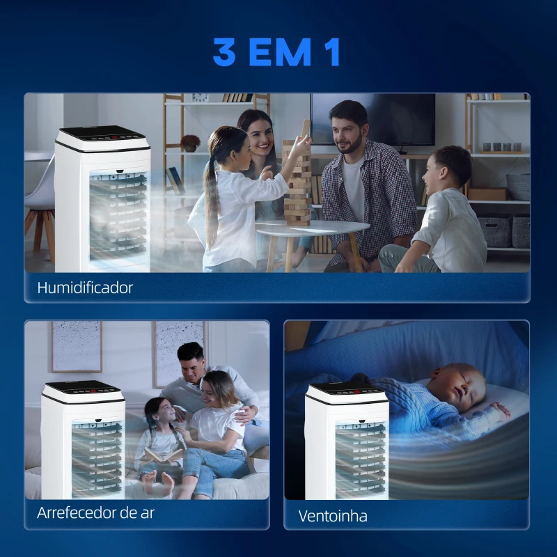 HOMCOM Climatizador 3 em 1 Portátil 75W com 3 Velocidades Temporizador até 8H Depósito de 4 L Oscilação de 60º 24x28,5x60,5 cm Branco