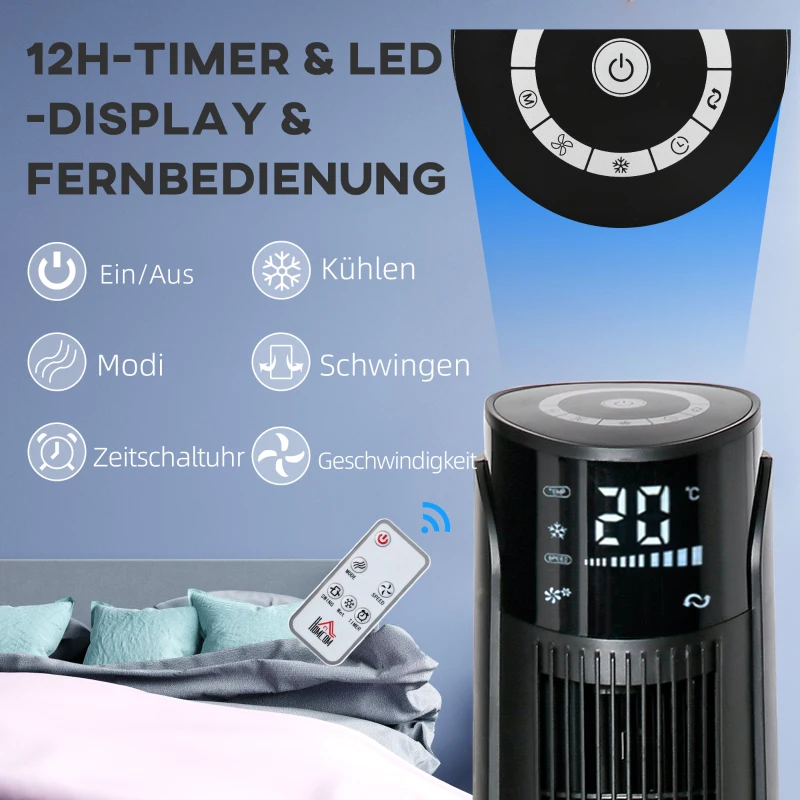 HOMCOM Turmventilator, Klimaanlage mit 4 Modi, 3 Geschwindigkeiten, Timer, Kunststoff
