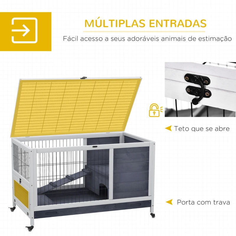 PawHut Coelheira de madeira gaiola para pequenos animais de estimação portátil com telhado de abertura rampa de bandeja removível para cobaias 90x53x59 cm cinza e branco