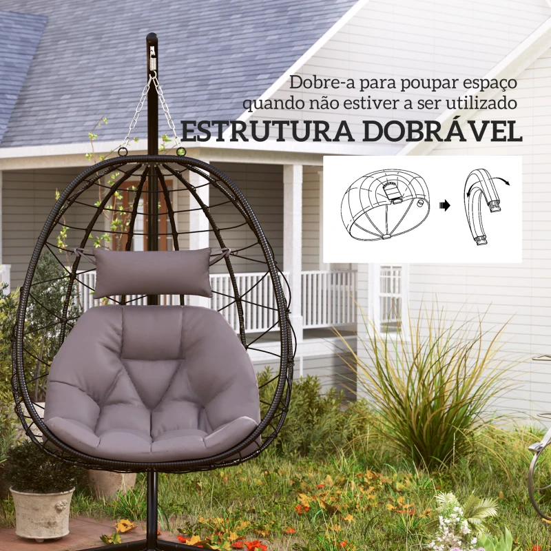 Outsunny Cadeira Suspensa com Suporte Baloiço Jardim com Cesto Dobrável Almofada e Apoio de Cabeça 98x95x198 cm Cinzento