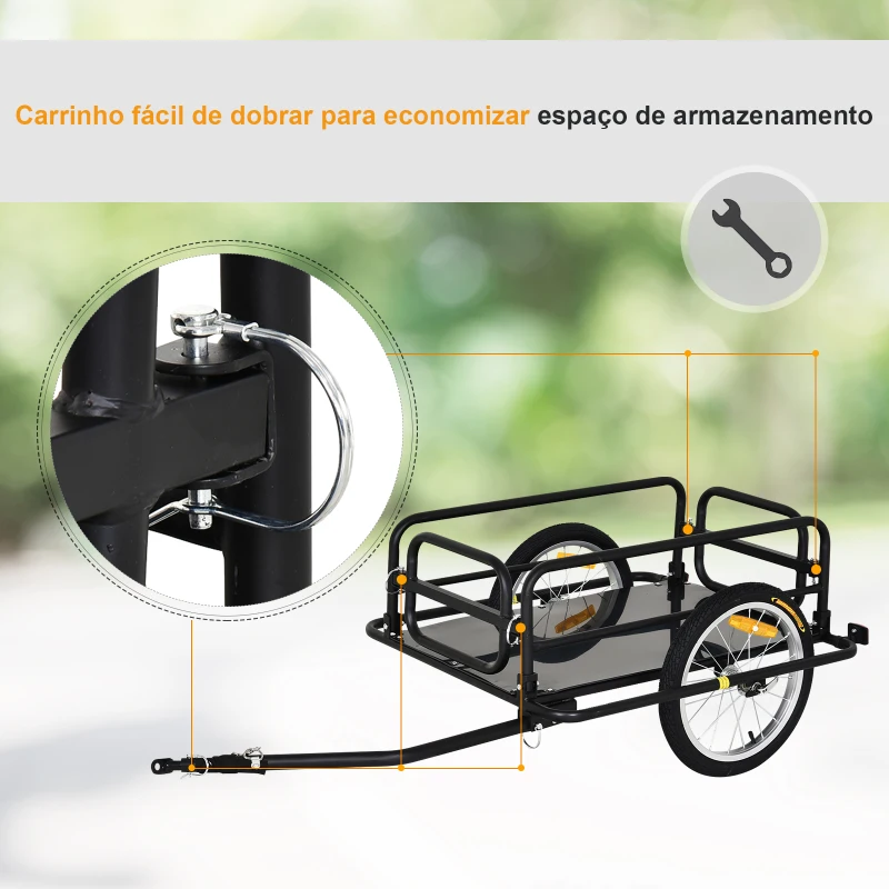 PawHut Reboque de bicicleta dobrável para carregamento de bagagem de 40kg com estrutura de aço leve e refletores 139x71,5x49 cm Preto