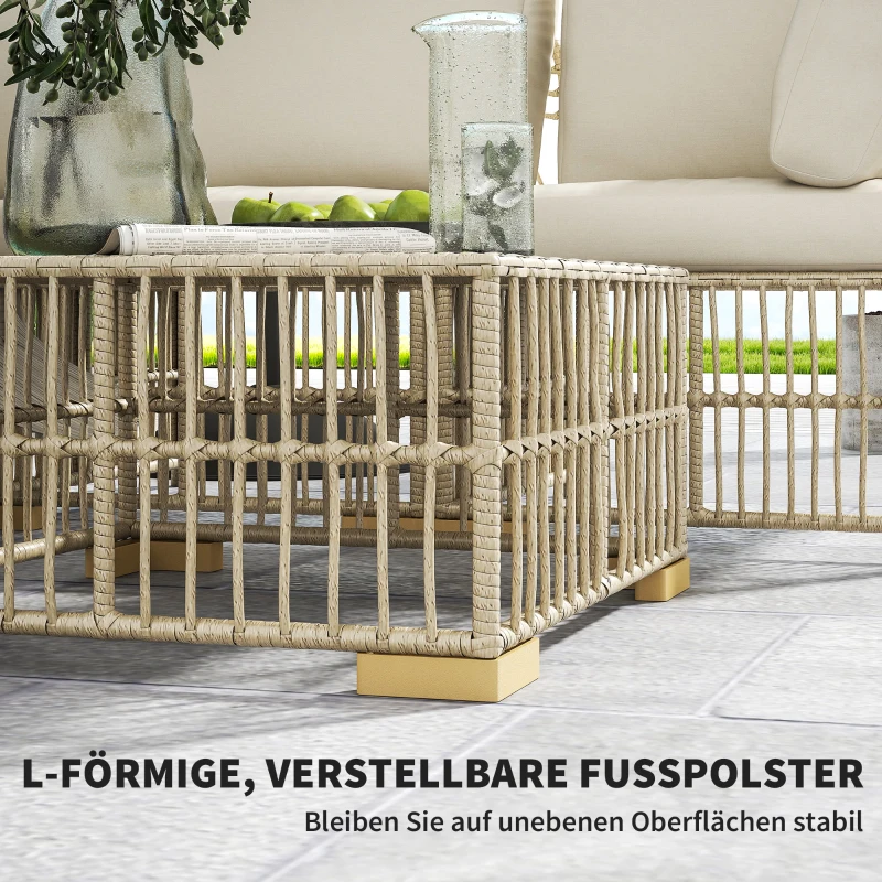 Outsunny 5-częściowy Zestaw Mebli Ogrodowych: 2 Fotele Narożne, 2 Fotele Środkowe, Puf, Poduszki Siedziskowe i Oparciowe, Jasnobrązowy+Kremowy Biały