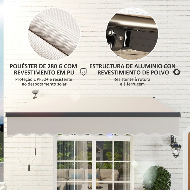Outsunny Toldo Manual Retrátil 295x250 cm com Luzes LED Solares Toldo para Varanda com Manivela de Alumínio e Proteção UV50+ Creme