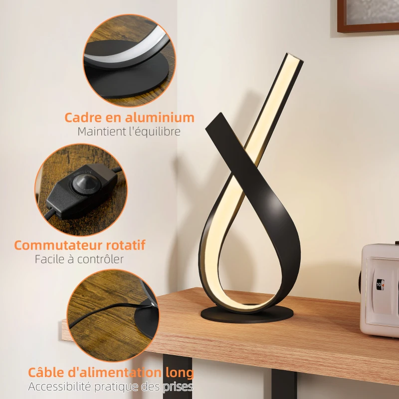 HOMCOM Lampe à poser design contemporain - lampe de table design spirale - dim. 21L x 15l x 43H cm - alu. noir LED blanc chaud