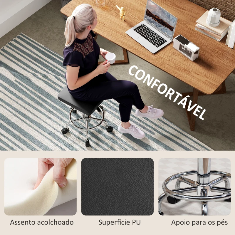 HOMCOM Banco Giratório com Rodas Altura Regulável 50-66 cm Assento Estofado em Imitação de Couro  34x34x50-66 cm Preto