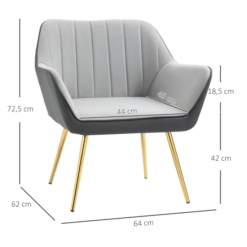 HOMCOM Poltrona de Sala de Estar Estofada em Couro Sintético e Veludo com Apoios para os Braços Pés Dourados 64x62x72,5 cm Cinza