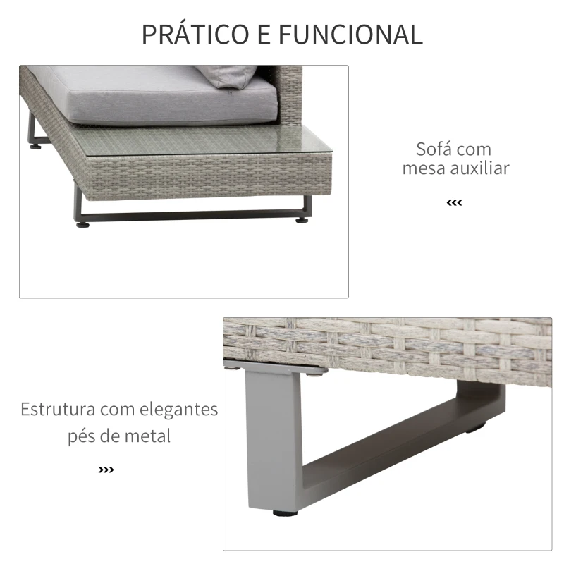 Outsunny Conjunto de Móveis de Vime 3 Peças Mesa de Centro Sofá Duplo e Sofá de 3 Lugares para Terraço Jardim Pátio Cinza