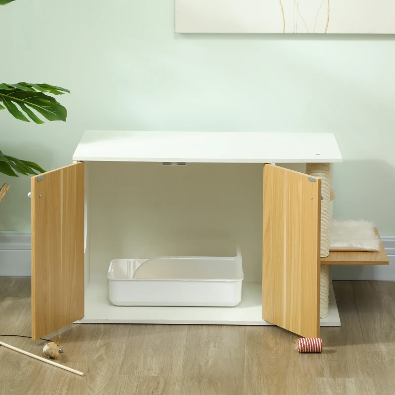 PawHut Móvel Caixa de Areia para Gatos 3 em 1 para Gatos com Poste para Arranhar e Centro de Jogos 94x48x50,5 cm Carvalho e Branco