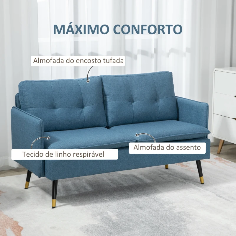 HOMCOM Sofá de 2 Lugares Moderno Estofado em Poliéster com 4 Almofadas Apoio para os Braços e Pés de Aço 139x68x80 cm Azul