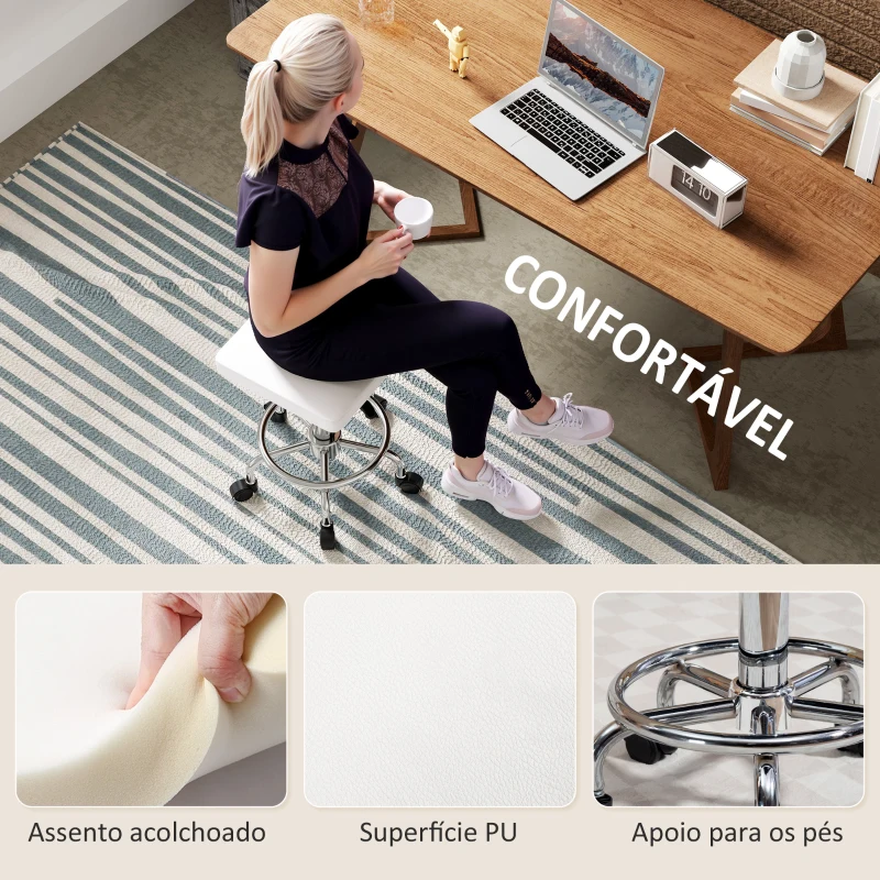 HOMCOM Banco Giratório com Rodas Altura Regulável 50-66 cm Assento Estofado em Imitação de Couro  34x34x50-66 cm Branco