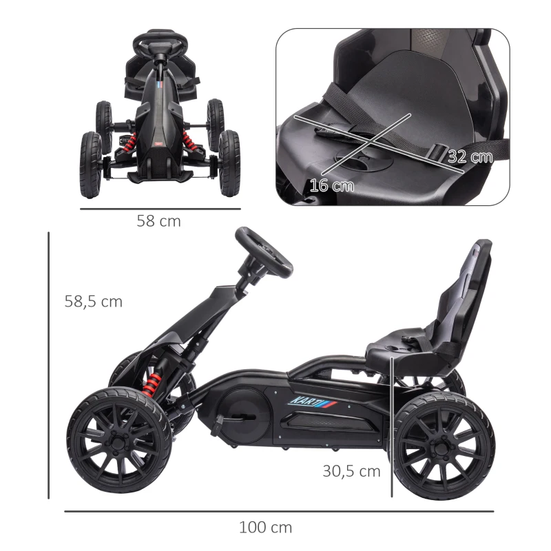 HOMCOM Kart a Pedais para Crianças com Assento Ajustável em 4 Posições, Travão de Mão e Rodas de EVA 100x58x58,5 cm Preto