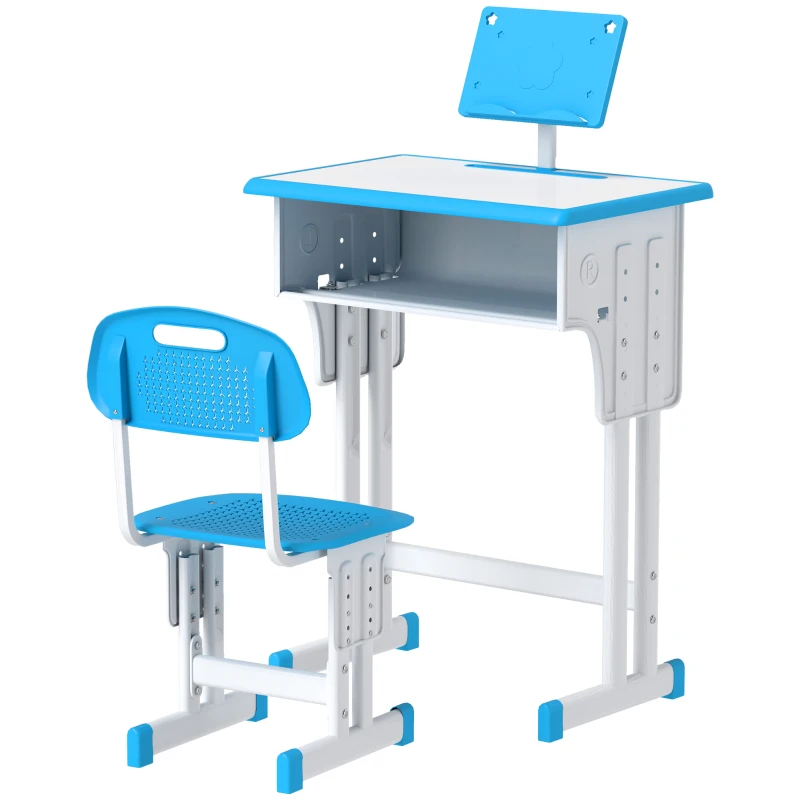 HOMCOM Conjunto de Secretária e Cadeira para Crianças com Altura Ajustável 1 Gaveta e 1 Prateleira para Livros 60x45x90-120 cm Azul