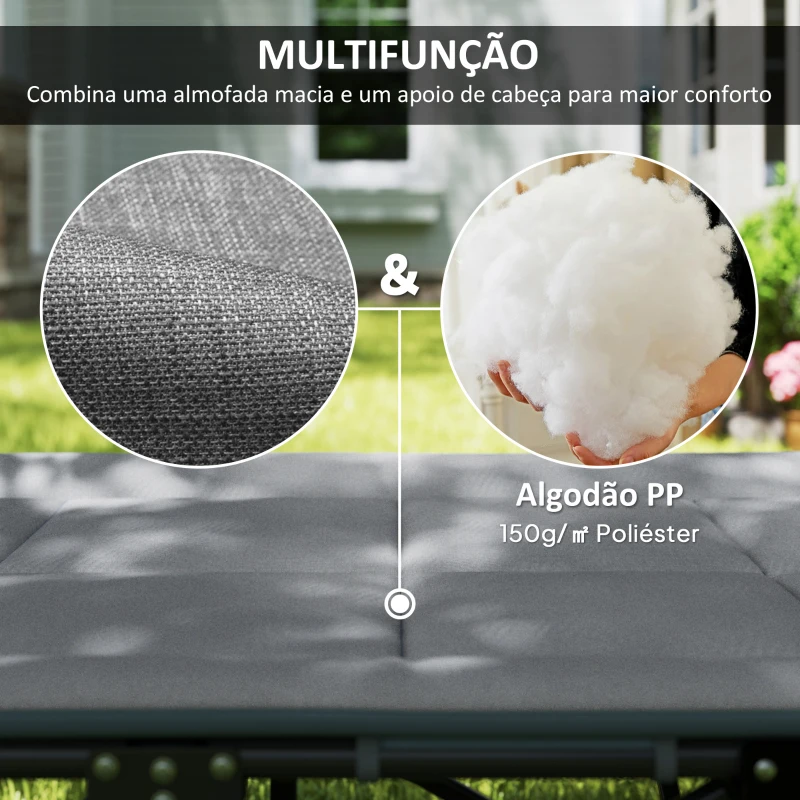 Outsunny Cama Dobrável de Campismo Praia com Apoio de Cabeça e Bolso Lateral Suporta até 150 kg 187x67x37 cm  Cinzento