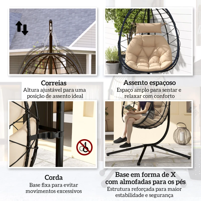 Outsunny Cadeira Suspensa com Suporte Baloiço Jardim com Cesto Dobrável Almofada e Apoio de Cabeça 98x95x198 cm Caqui