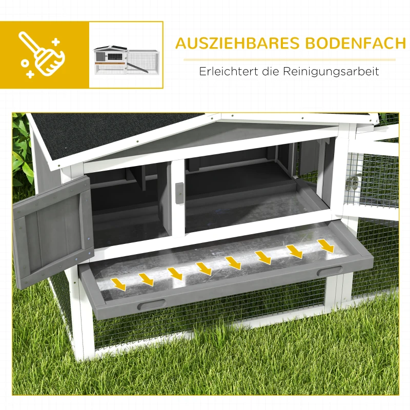 PawHut Kaninchenstall aus Tannenholz, Kleintierhaus mit Asphaltdach, Kleintiergehege, 156 x 58 x 68 cm, Hellgrau