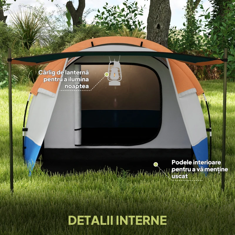 Outsunny Cort de Camping pentru 2-3 Persoane Impermeabil cu 2 Zone și 3 Intrări, 420x200x150 cm, Portocaliu
