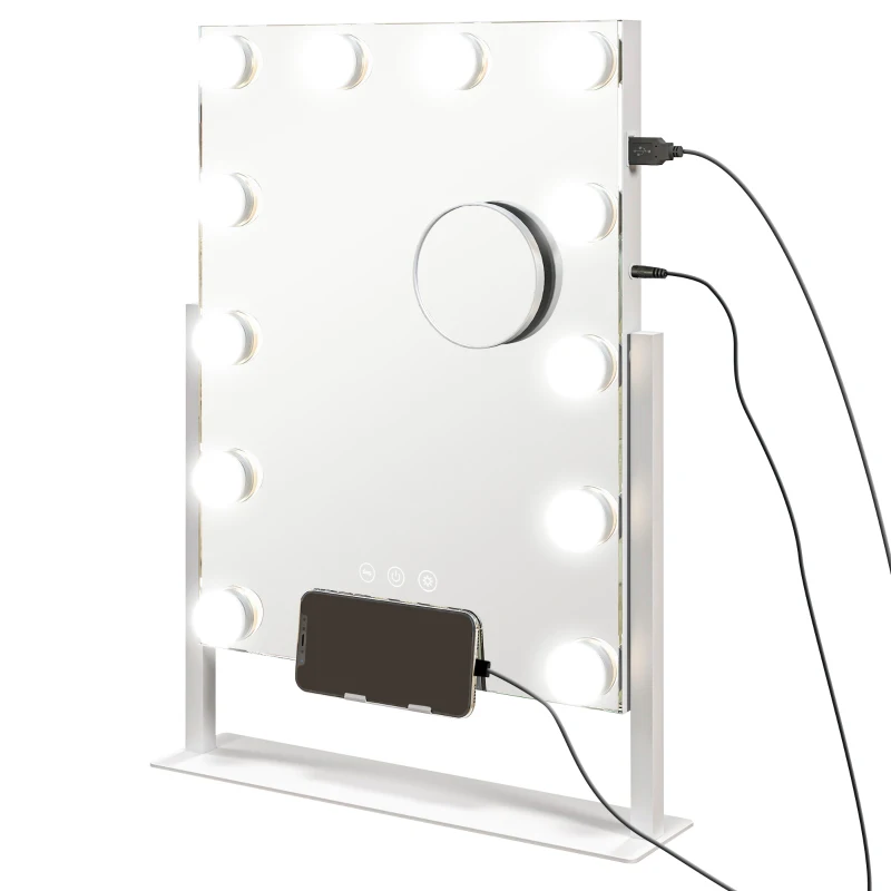 HOMCOM Miroir Hollywood avec LED 12 ampoules, luminosité réglable, rotation à 360°, grossissement 10X, touche tactile, blanc