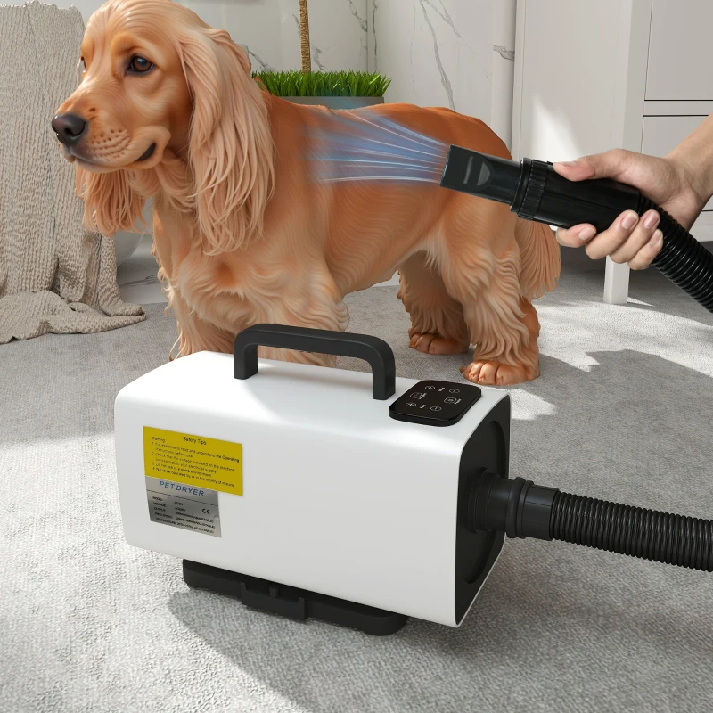 PawHut Secador para Animais de Estimação 2200 W Velocidade e Temperatura Ajustáveis 3 Bicos Ecrã Digital  34x16x25 cm Branco