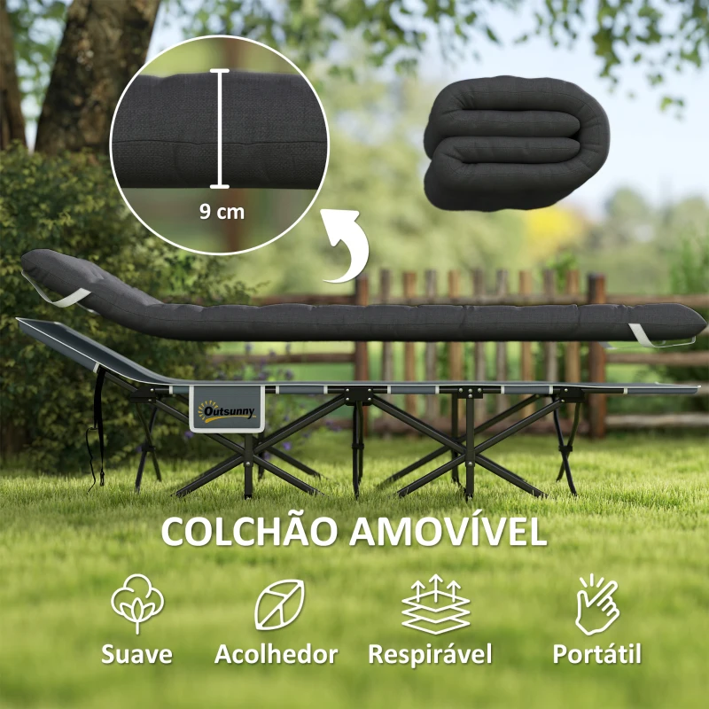 Outsunny Cama Dobrável para Campismo Portátil com Apoio para Cabeça Colchão Amovível e Bolsa de Transporte 196x68x37 cm Preto