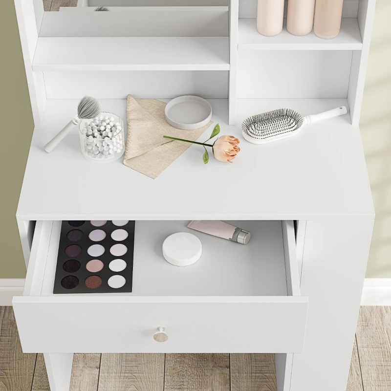 HOMCOM Kaptafel met Spiegel, Lade, 3-traps Zijopslag, Spaanplaat, Wit(m-9)