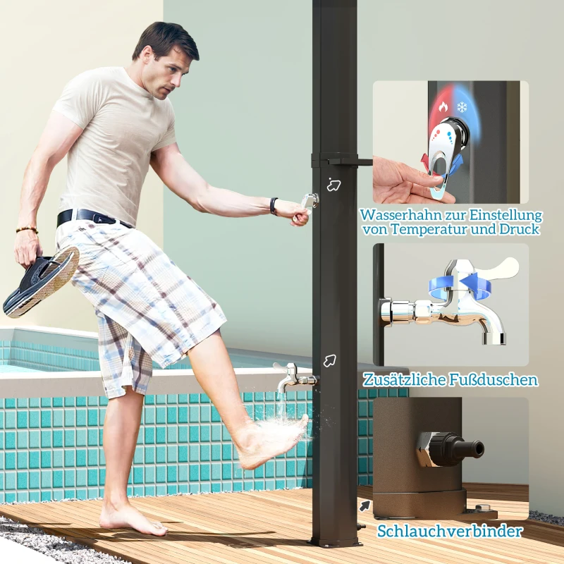 Outsunny Solardusche 35 Liter Solar Gartendusche mit Wasserhahn Duschkopf Handbrause seitliche Tablett, bis 55 °C Schwarz