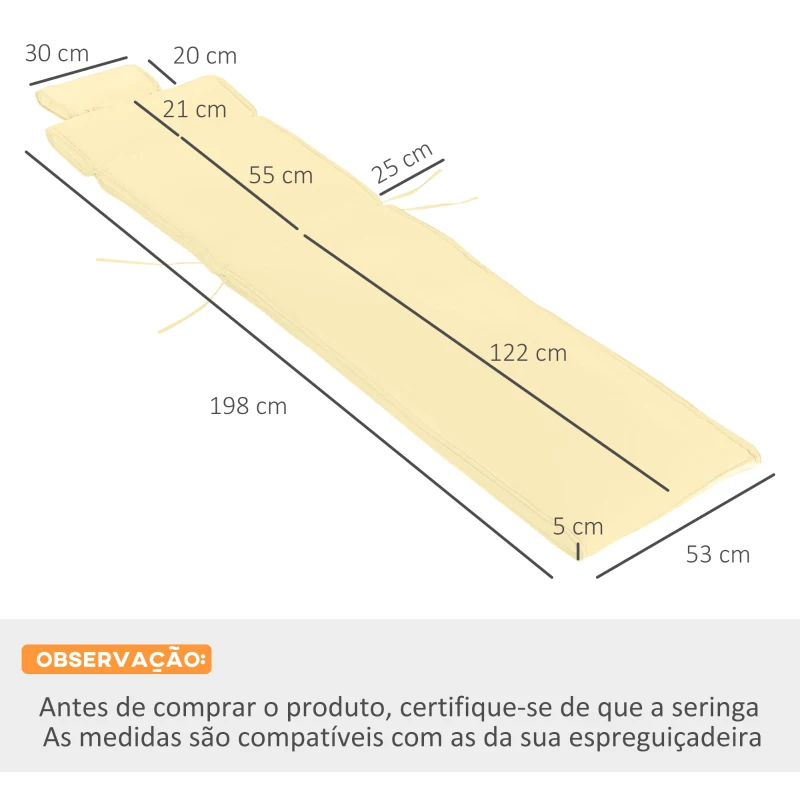 Outsunny Almofada para Espreguiçadeira 198x53x5cm Almofada Suave para Espreguiçadeira Dobrável Acolchoada para Exterior Jardim Pátio Creme