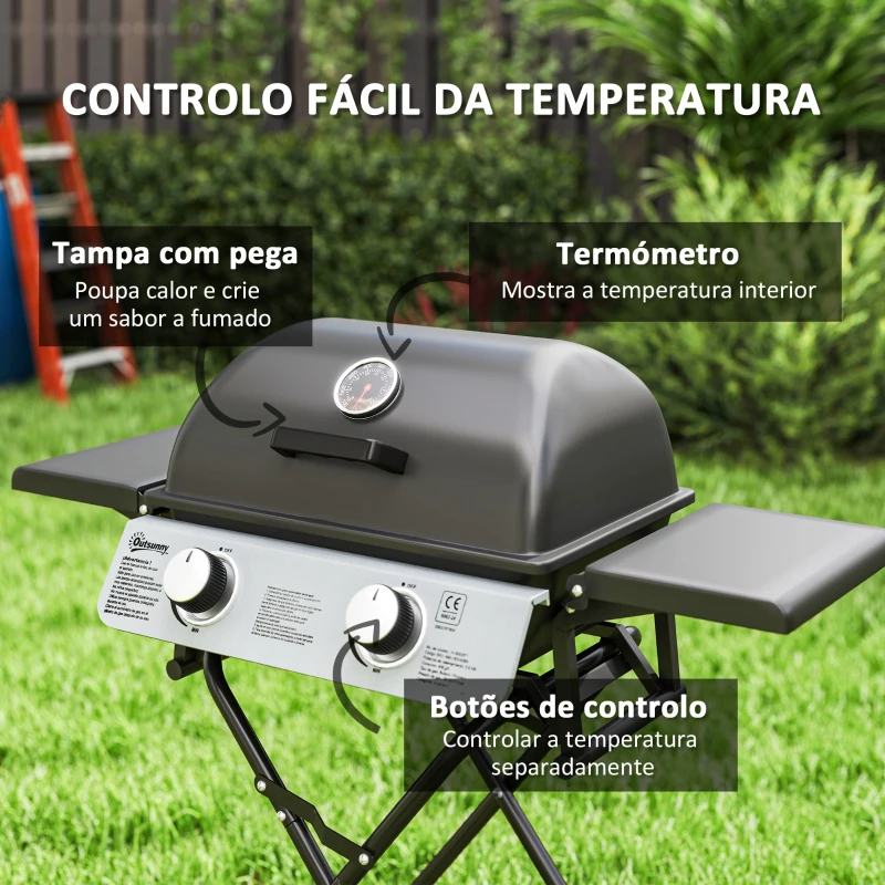 Outsunny Barbecue a Gás Portátil Dobrável com 2 Queimadores 3 KW Mesas Laterais Bandeja Removível Termómetro e 2 Rodas 101x50x102 cm Preto