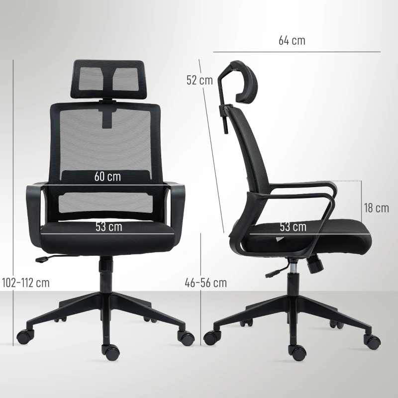 HOMCOM Scaun de Birou Ergonomic cu Tetieră, Înălțime Reglabilă și Funcție de Balansare, 60x64x102-112 cm, Negru