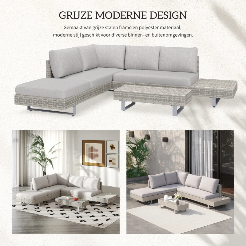 Outsunny Poly-rotan tuinmeubelen 3-delig. loungeset zitgroep set met aflegvlakken