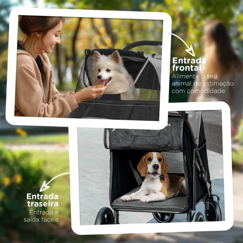PawHut Carrinho para Cães Dobrável com Janelas de Malha Cinto de Segurança e Bolsos de Armazenamento 112x65x100 cm Cinzento