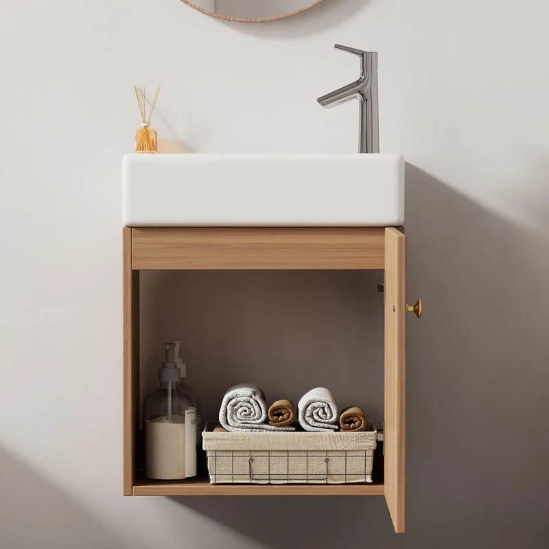 Mobilă de baie cu lavoar și dulap sub lavoar, suspendat, cu spațiu de depozitare, 46x26x56 cm, Culoare naturală