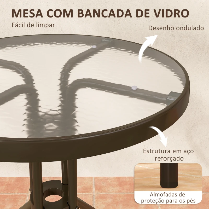 Outsunny Conjunto de Jardim de 3 Peças com 2 Cadeiras Empilháveis Mesa com Bancada de Vidro Temperado Marrom Escuro
