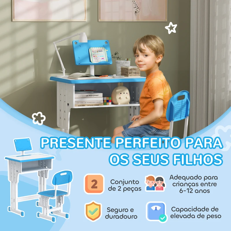 HOMCOM Conjunto de Secretária e Cadeira para Crianças com Altura Ajustável 1 Gaveta e 1 Prateleira para Livros 60x45x90-120 cm Azul