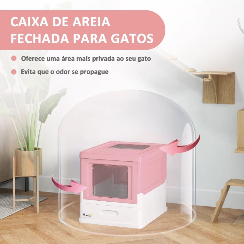 PawHut Caixa de Areia para Gatos Dobrável Caixa de Areia para Gatos Fechada com Bandeja Removível e Pá 47,5x35,5x36,7cm Rosa