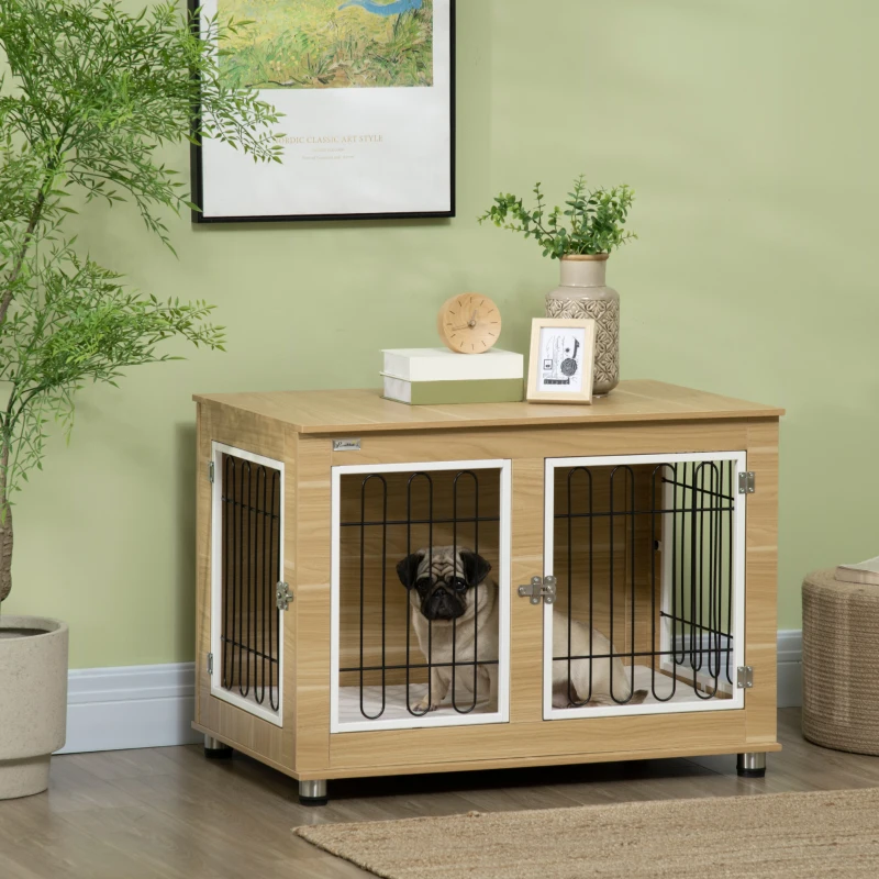 PawHut Gaiola para Cães com Mesa Auxiliar e Almofada Lavável Gaiola para Animais com Estrutura de Aço para Cães Médios e Grandes 90x58x65 cm Carvalho