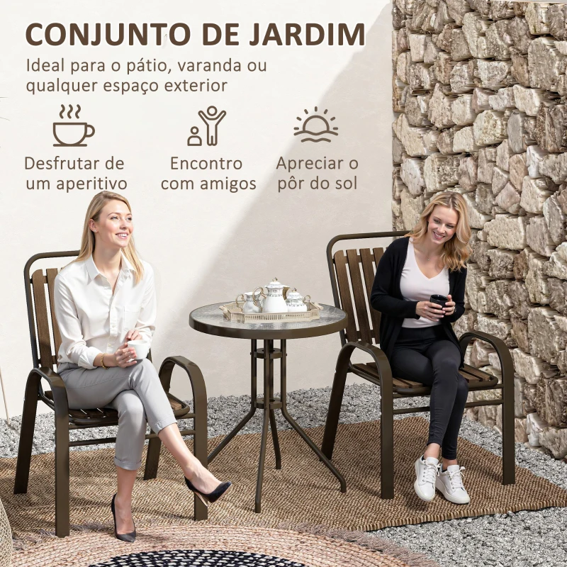 Outsunny Conjunto de Jardim de 3 Peças com 2 Cadeiras Empilháveis Mesa com Bancada de Vidro Temperado Marrom Escuro
