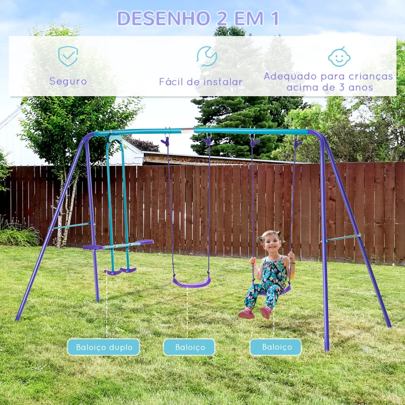 Outsunny Conjunto de Baloiços de Jardim com Altura Ajustável Baloiços para Crianças com Baloiço Duplo  280x140x178 cm Azul e Roxo