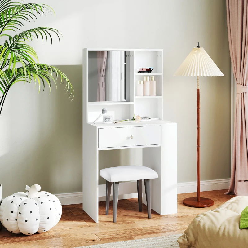 HOMCOM Kaptafel met Spiegel, Lade, 3-traps Zijopslag, Spaanplaat, Wit(m-8)