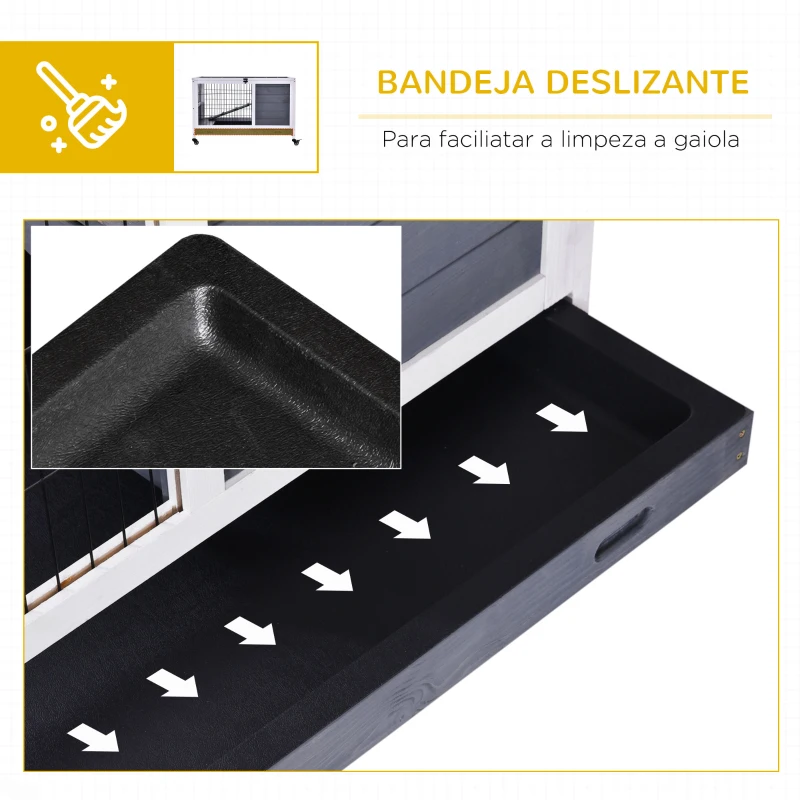 PawHut Coelheira de madeira gaiola para pequenos animais de estimação portátil com telhado de abertura rampa de bandeja removível para cobaias 90x53x59 cm cinza e branco