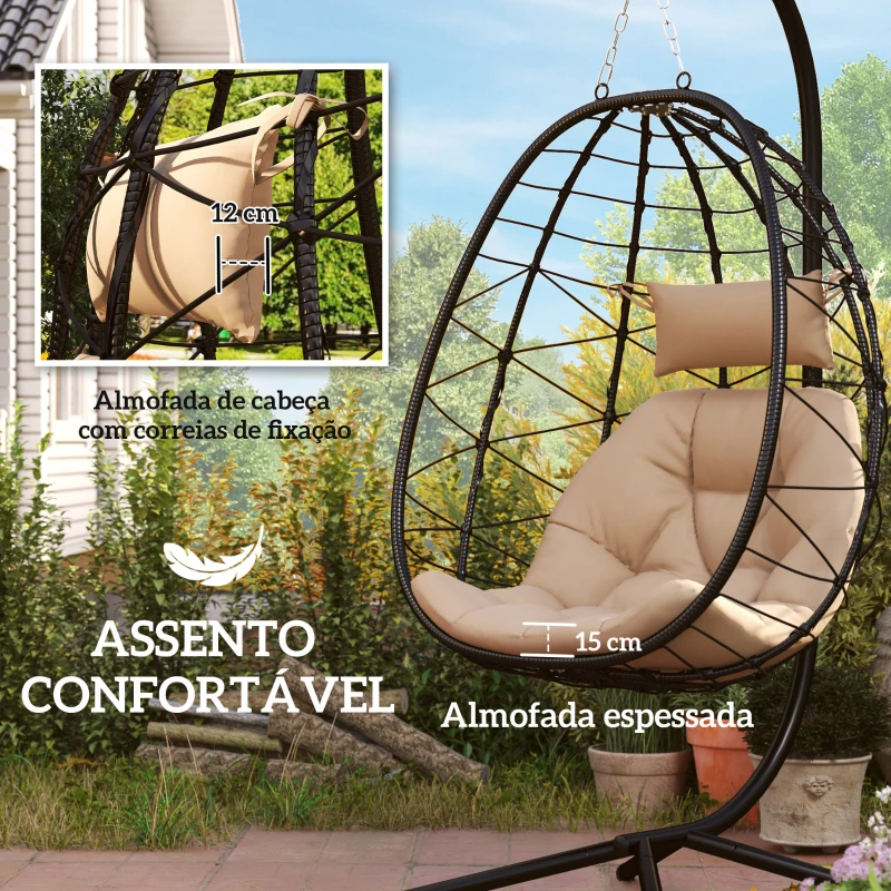 Outsunny Cadeira Suspensa com Suporte Baloiço Jardim com Cesto Dobrável Almofada e Apoio de Cabeça 98x95x198 cm Caqui