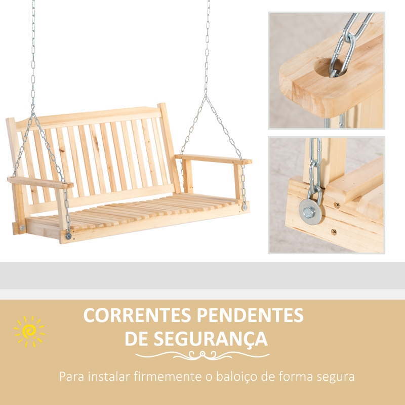 Outsunny Baloiço de Madeira de 2 Lugares com Correntes Ajustáveis e Desenho em Ripas Carga de 200 kg 117x69x60 cm Madeira