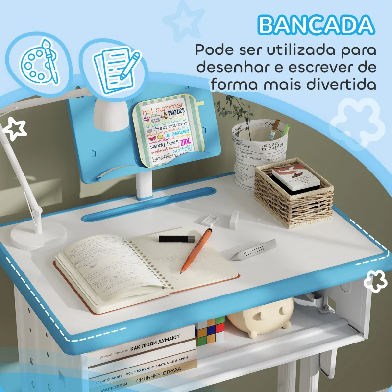 HOMCOM Conjunto de Secretária e Cadeira para Crianças com Altura Ajustável 1 Gaveta e 1 Prateleira para Livros 60x45x90-120 cm Azul