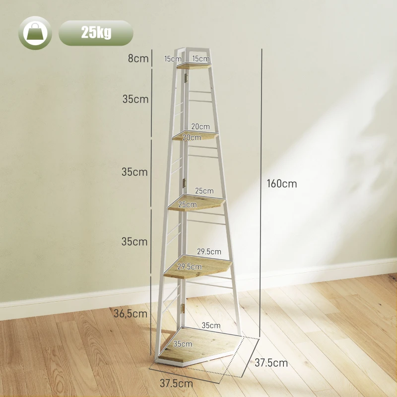 HOMCOM Libreria Angolare a 5 Ripiani con Struttura Pieghevole e Piedini Regolabili, Colore Legno