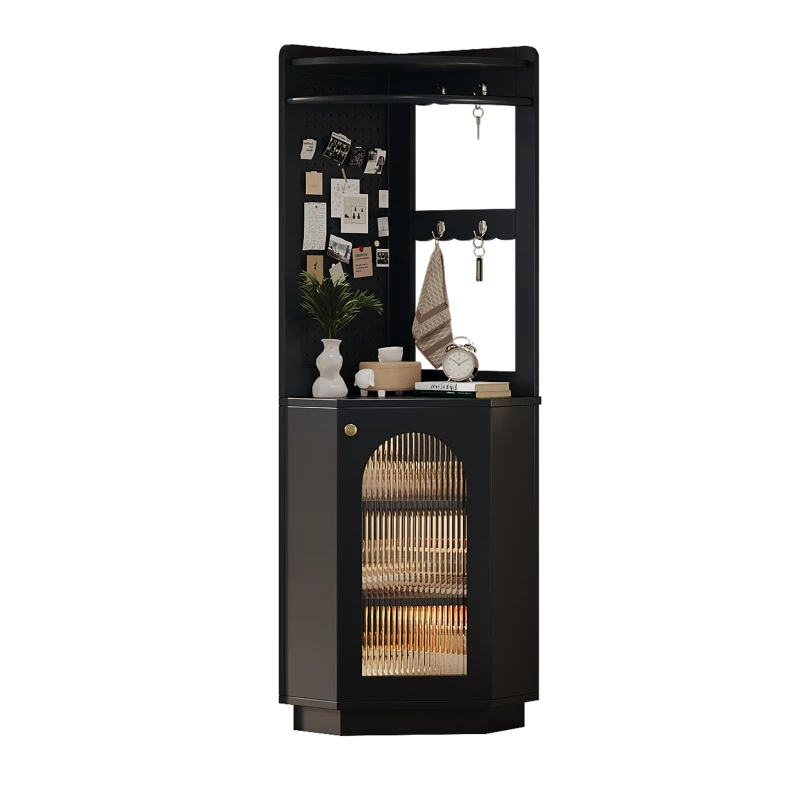 Armoire de salle de bain avec bande lumineuse, armoire d'angle avec espace de rangement, 45×45×166,6 cm, Noir